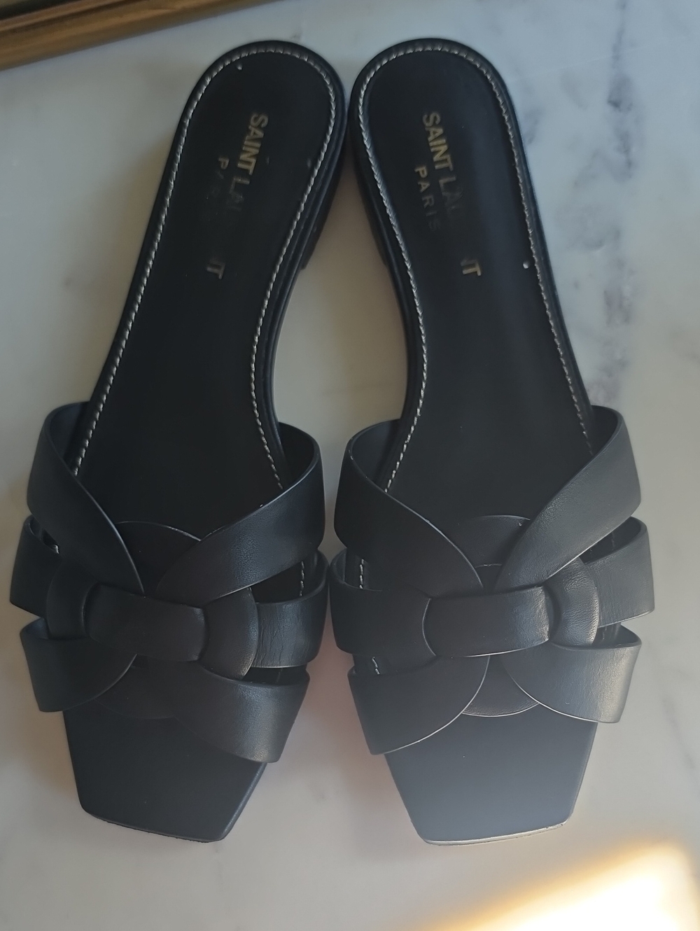 Saint Laurent Tribute Black Leather Sandal Slides